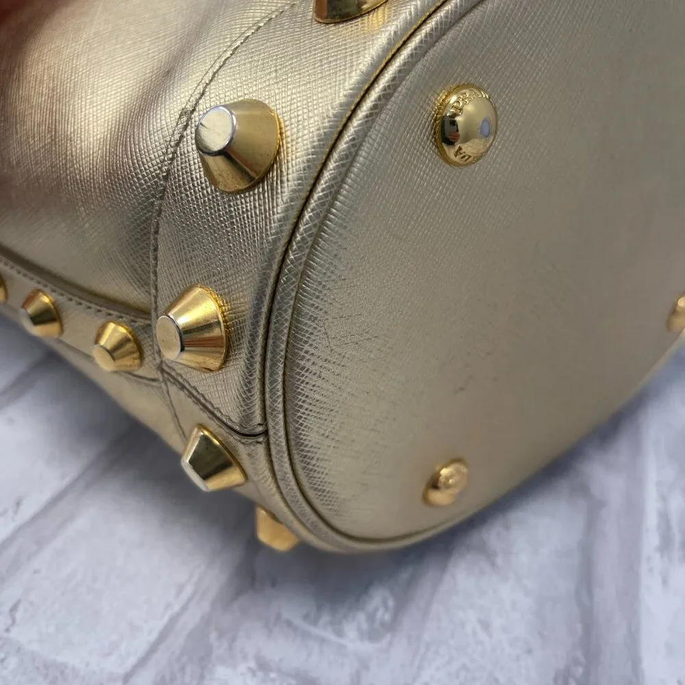 Prada Metallic Gold Saffiano Leather Vernice Studded Bucket Bag - Preowned